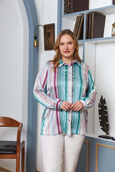 RMG Cămașă din satin de mărime mare cu model de dungi Liliac1