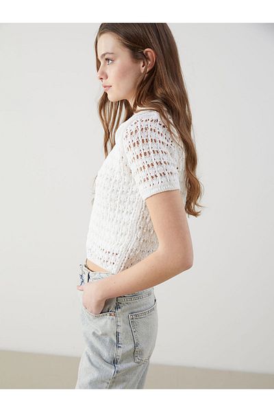 LC Waikiki Ecru Polo Neck Openwork Women's Knitwear Sweater