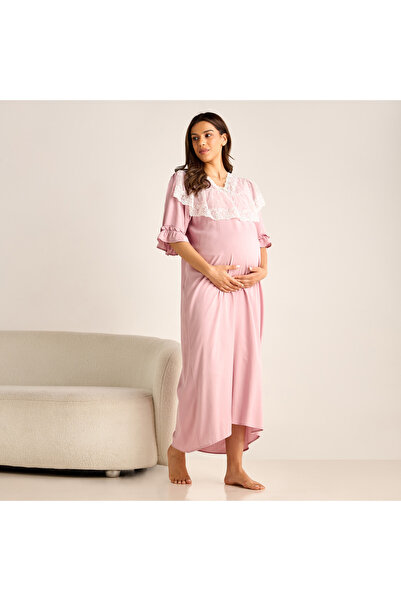 FAV فستان نوم للحوامل بتفاصيل من الدانتيل وأكمام 3/4