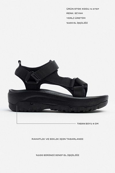 NİŞANTAŞI SHOES صندل نسائي من N-Step بنعل سميك وشريط فيلكرو أسود