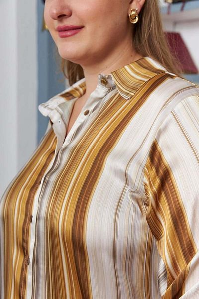 RMG Striped Patterned Large Size Satin Shirt Mustard1