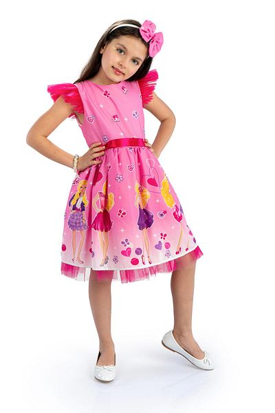 Buse&Eylül Bebe Pink Printed Crown Girl's Birthday Party Dress