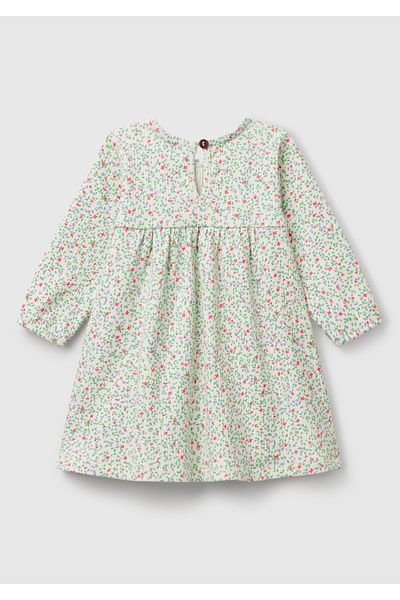 United Colors of Benetton Baby Ecru All Patterned Pleated Long Sleeve Dress with Ruffle Detail on the Front