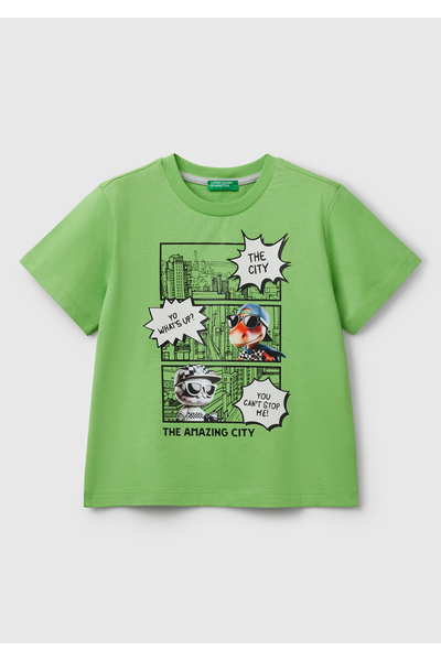 United Colors of Benetton Μπλουζάκι με λαιμόκοψη με στάμπα με πράσινη φωτογραφία για αγόρι