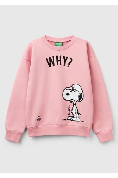 United Colors of Benetton Girl's Pink Peanuts Printed Logo Label Crew Neck Sweatshirt