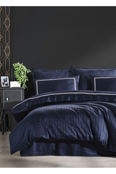 Dantela Navy Embroidered Cotton Satin Duvet Cover Set