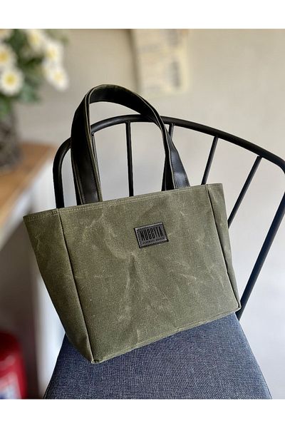 Nuggita Dark Khaki Waxed Canvas Shoulder Bag - Zippered and Black Leather Detail