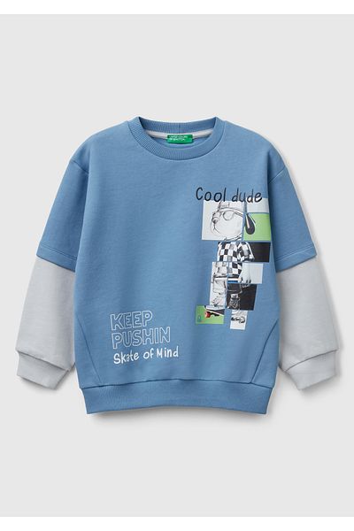 United Colors of Benetton Hanorac pentru băiat, albastru, cu imprimeu grafic, cu mâneci duble, cu decolteu