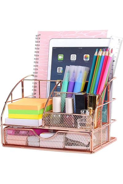 COOYA Desk Organizer,Cute Desktop with Pen Holder,Mesh Office Supplies,5 Compartments + 1 Sliding Drawer