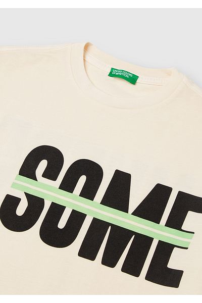 United Colors of Benetton Boy's Ecru Slogan Printed Faded Effect T-Shirt