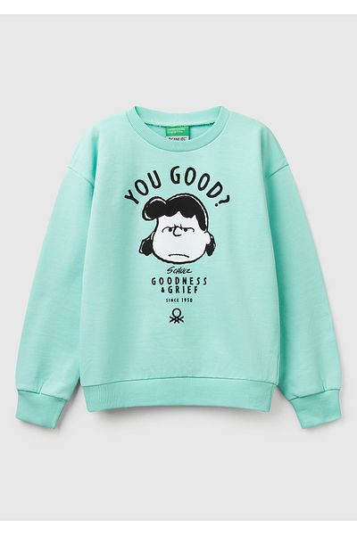 United Colors of Benetton Girl's Aqua Green Peanuts Printed Crew Neck Sweatshirt with Logo Label