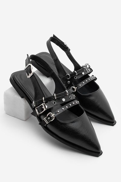 Marjin Damen-Ballerinas mit spitzer Zehenpartie und Riemchen, hinten offen, Moreno Schwarz