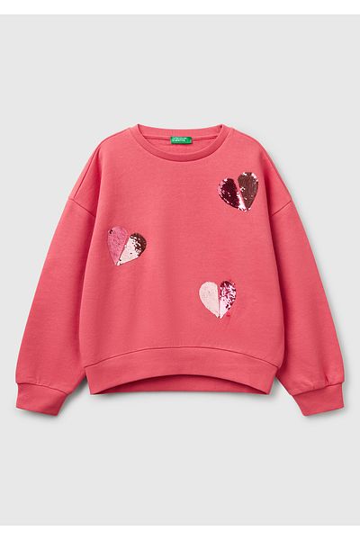 United Colors of Benetton Girl's Fuchsia Shiny Heart Appliqued Crew Neck Sweatshirt