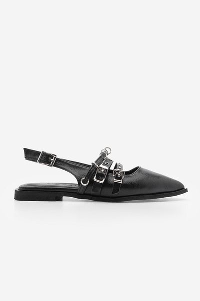 Marjin Damen-Ballerinas mit spitzer Zehenpartie und Riemchen, hinten offen, Moreno Schwarz