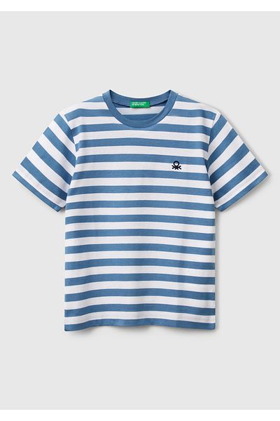 United Colors of Benetton Tricou cu dungi albastre pentru băiat cu logo brodat pe față