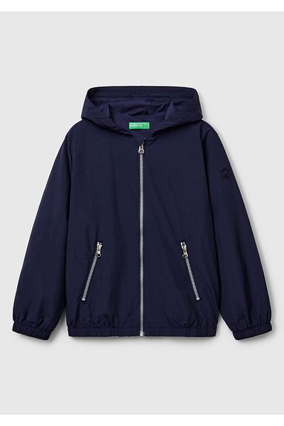 United Colors of Benetton Boy's Navy Blue Sleeve Logo Detailed Lined Hooded Raincoat