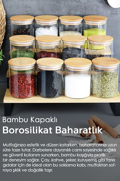 Meleni Home Set of 6 Bamboo Lids and Spoons Glass Spice Shakers - Vacuum Glass Jar Spice Storage Container 200 ml