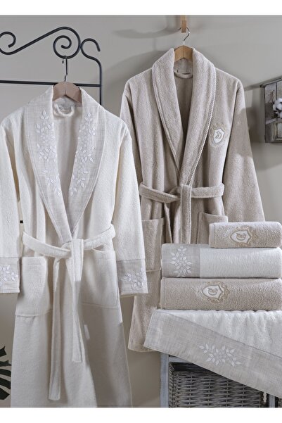 Dantela Sude 6'lı Nakışlı Pamuk Bornoz Seti - Krem/Bej