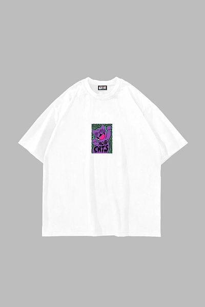 Sekizbiraltı Μπλουζάκι Unisex με Acid Cat Back Printed Λευκό Oversize