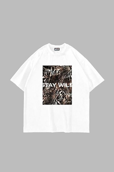 Sekizbiraltı Πρόχειρο Εκτύπωση Stay Wild Leopard Printed Oversize Unisex Λευκό Tshirt