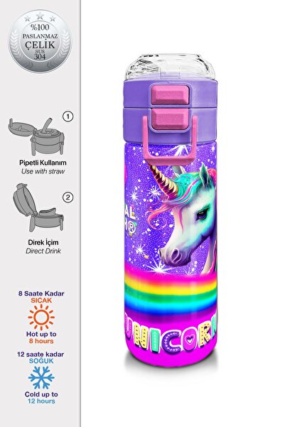 Coral High Kids Mor Unicorn Desenli Pipetli ve Direkt İçim Çelik Termos 500 m...