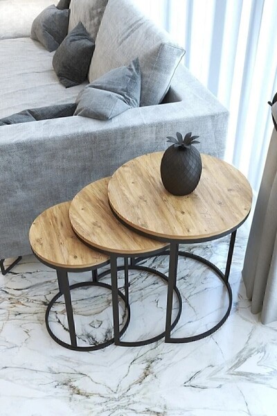 Nies Aksesuar Armoni 3'lü Zigon Sehpa Siyah Ayak Antik Çam Sunta