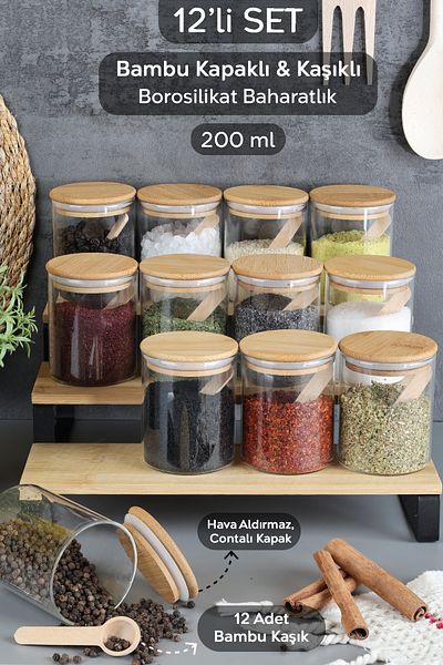Meleni Home Set of 12 Bamboo Lids Glass Spice Shakers with Spoons - Vacuum Glass Jar Spice Storage Container 200 ml