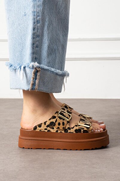 diclepolat Γυναικείες Παντόφλες Καθημερινές Παντόφλες Διπλό Ζωντανό Χοντρό Σόλα Elly Tan Leopard