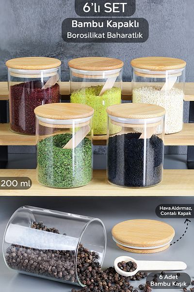 Meleni Home Set of 6 Bamboo Lids and Spoons Glass Spice Shakers - Vacuum Glass Jar Spice Storage Container 200 ml