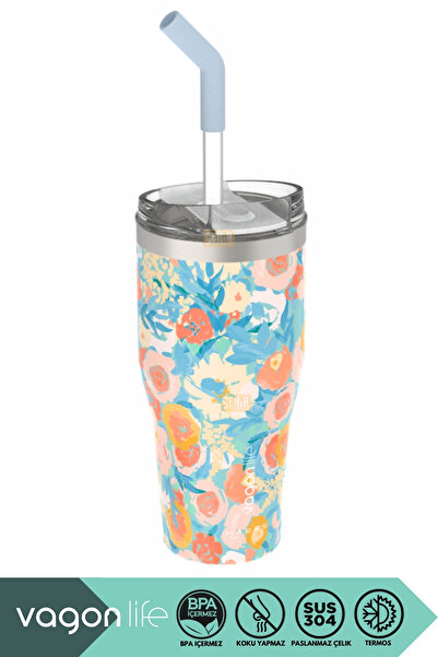 Vagonlife 590ml Desenli Pipetli/Pipetsiz Çift Kullanım Tumbler Kahve Bardağı/...