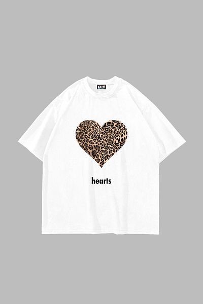 Sekizbiraltı Unisex Premium Λευκό T-Shirt - Hearts Leopard Printed, Oversize