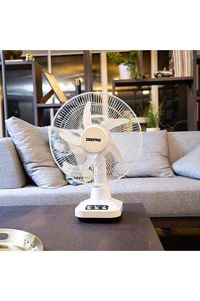 Geepas GF21118 12'' Rechargeable Fan: 2 Speed, 6 hrs Run Time, 24 Hours LED Light, 5000 mAh Battery.