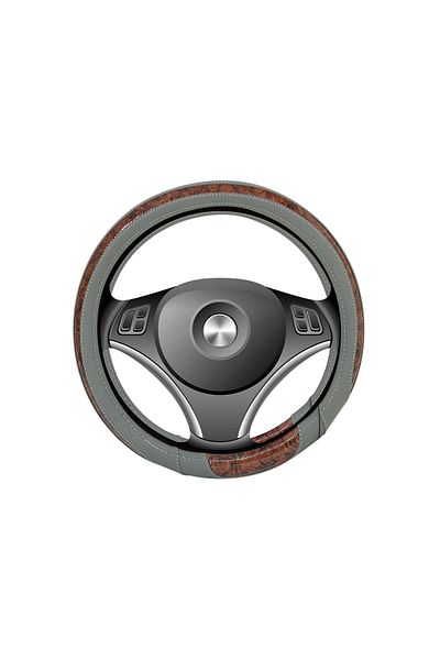 Generic Universal Leather Steering Wheel Cover – Gray & Wood Grain, Anti-Slip, 35-40cm, Comfortable Grip