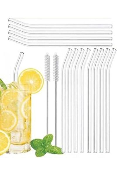 Mu Art Aee ®   14 Piece Glass Straw Set 12 Piece Glass Straws 2 Piece Pipette Cleaning Brush Gift Heat Impulse