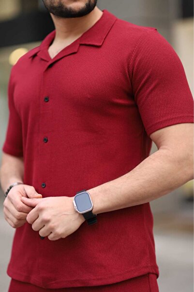 Know Men's Burgundy Waffle Fabric Capri Shorts Shirt Set