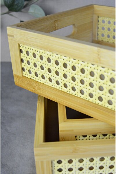 Bayev Set of 3 Bamboo Hazeran Rectangular Trays - Decorative Presentation Serving Tray