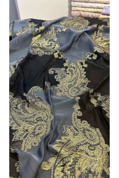 Prime Tekstil Altın Paisley Desenli Polyester Şifon Jakar Abiye Elbise Kumaşı
