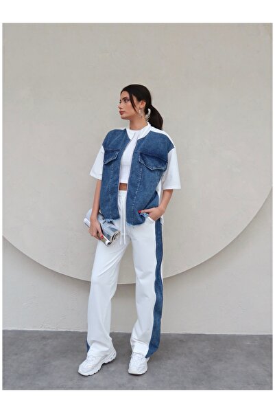 ESRAHELVACI Short Sleeve Denim Detailed Tracksuit Set