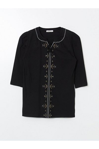 LC Waikiki Lcw Grace Black Lace-Up Collar Print Women's Blouse