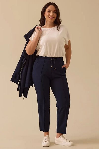 Galaxie Women's Large Size Ankle Length Trousers with Lacing Detail - Navy Blue