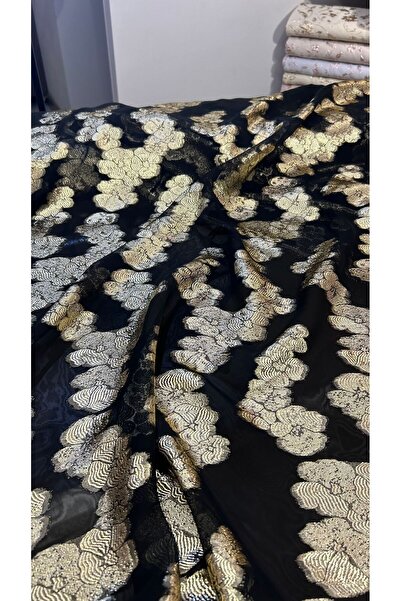 Prime Tekstil Altın Soyut Çiçek Desenli Yarı Transparan Floş Viskon Simli Şif...