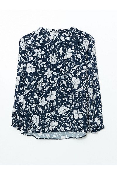 LC Waikiki Lcw Grace Navy Blue Lace-Up Collar Floral Women's Blouse