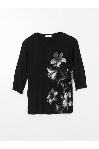 LC Waikiki Γυναικείο μπλουζάκι LCW Grace Black Crew Neck Floral