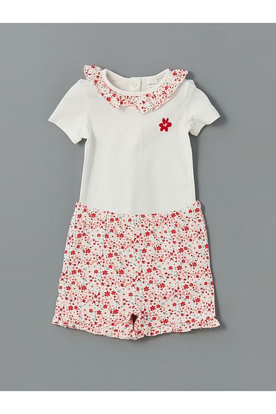 LC Waikiki Ecru Floral Baby Girl Snapback Bodysuit and Shorts 2-Piece