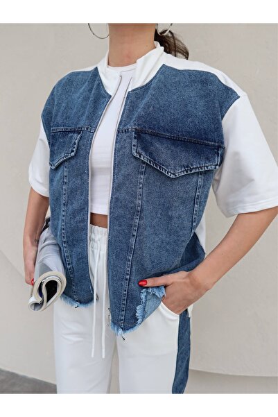 ESRAHELVACI Short Sleeve Denim Detailed Tracksuit Set