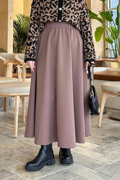 lamelif.com Flared Skirt - Scuba Fabric και απαλό καφέ