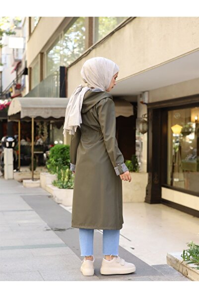 HARMONY GLOBAL Kadın Haki Bileği Ve Içi Çizgili Kapüşonlu Bondip Uzun Trençkot Kap