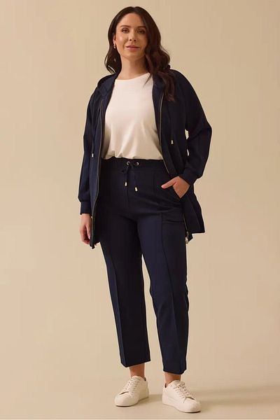 Galaxie Women's Large Size Ankle Length Trousers with Lacing Detail - Navy Blue