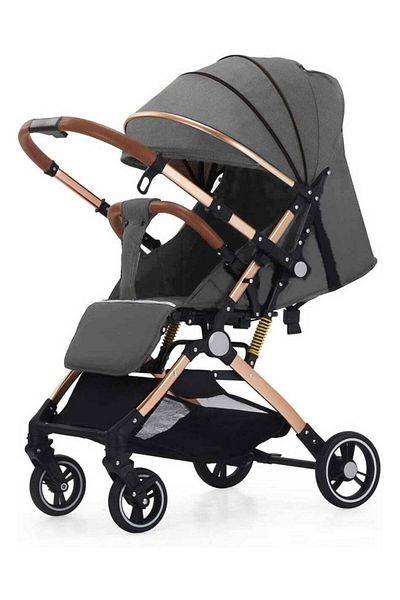 BabyCara عربة أطفال قابلة للعكس للسفر مع مظلة واسعة وإطار ذهبي مرتفع وسلة كبيرة