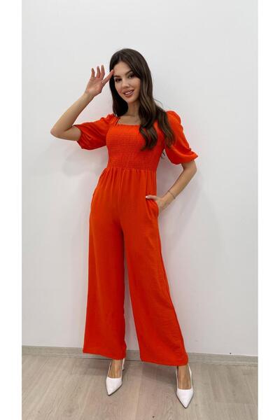 Nazline Women's Square Neck Front Back Gimped Balloon Sleeve Airobin Short Sleeve Long Jumpsuit